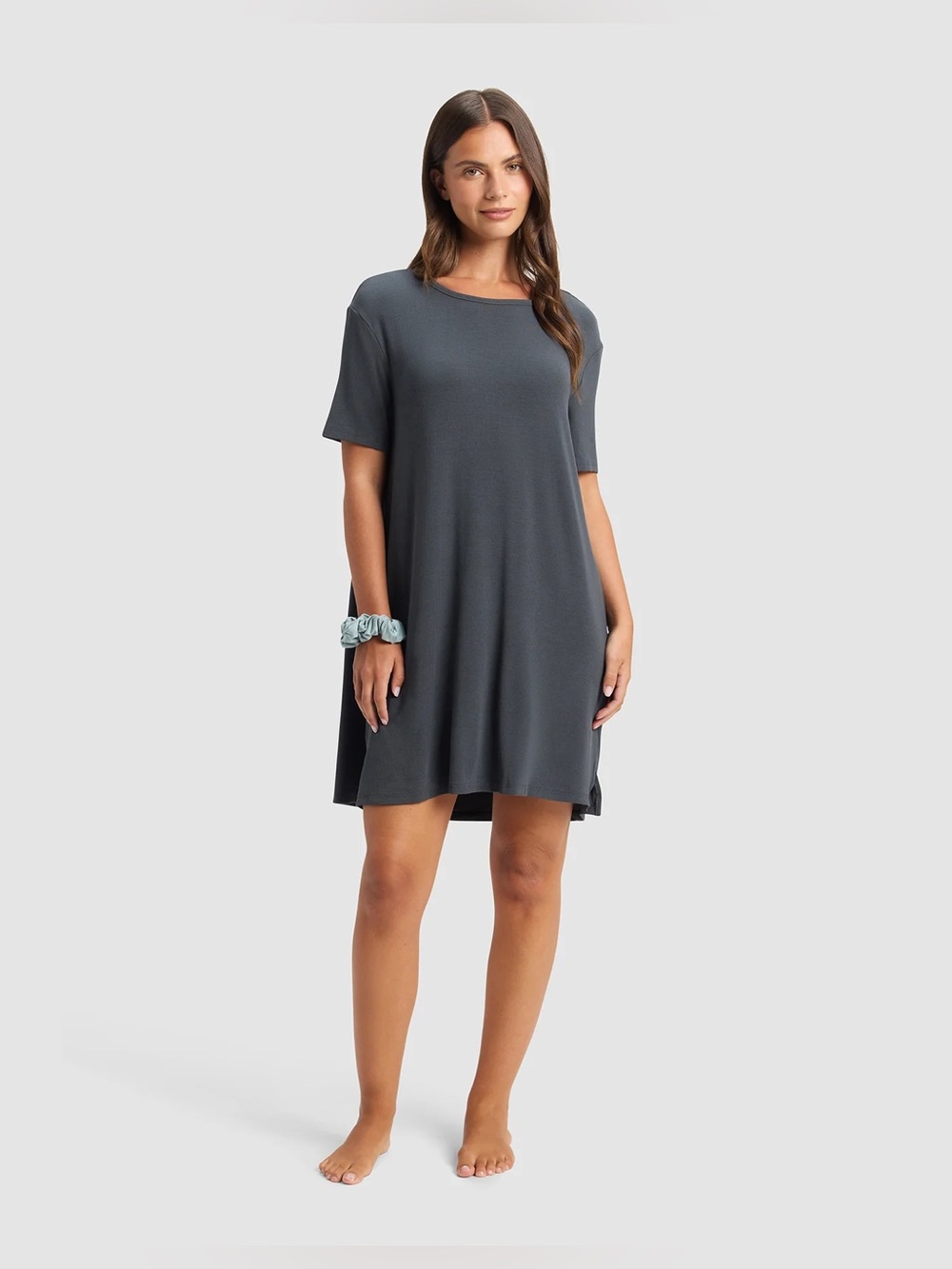 New Cozy Earth Bamboo Rib-Knit Boyfriend Sleep Dress XS - Graphite MSRP $98